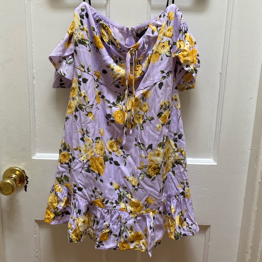 Floral, woven off the shoulder minidress